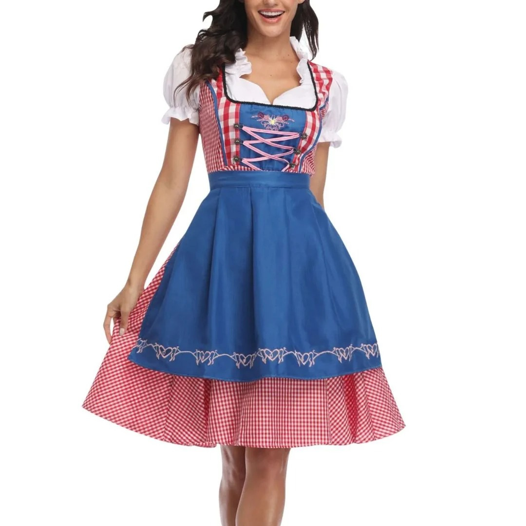 Damska sukienka w kratę ze sznurowanym gorsetem i fartuszkiem, midi na Oktoberfest