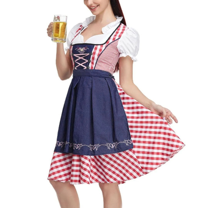 Damska sukienka w kratę ze sznurowanym gorsetem i fartuszkiem, midi na Oktoberfest