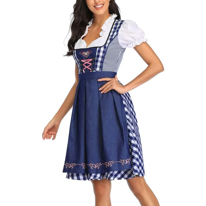 Damska sukienka w kratę ze sznurowanym gorsetem i fartuszkiem, midi na Oktoberfest