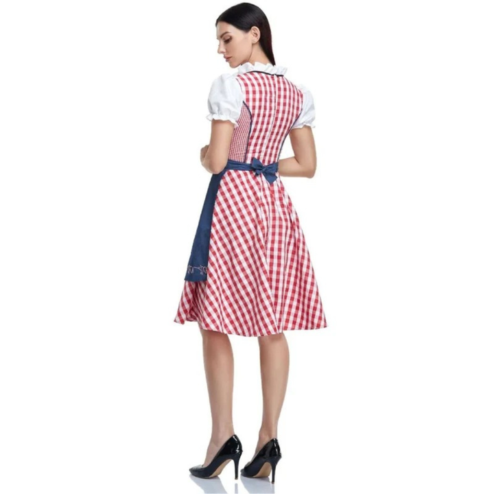 Damska sukienka w kratę ze sznurowanym gorsetem i fartuszkiem, midi na Oktoberfest