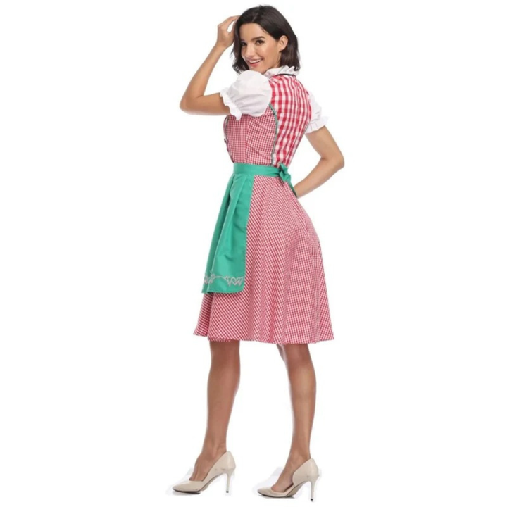 Damska sukienka w kratę ze sznurowanym gorsetem i fartuszkiem, midi na Oktoberfest