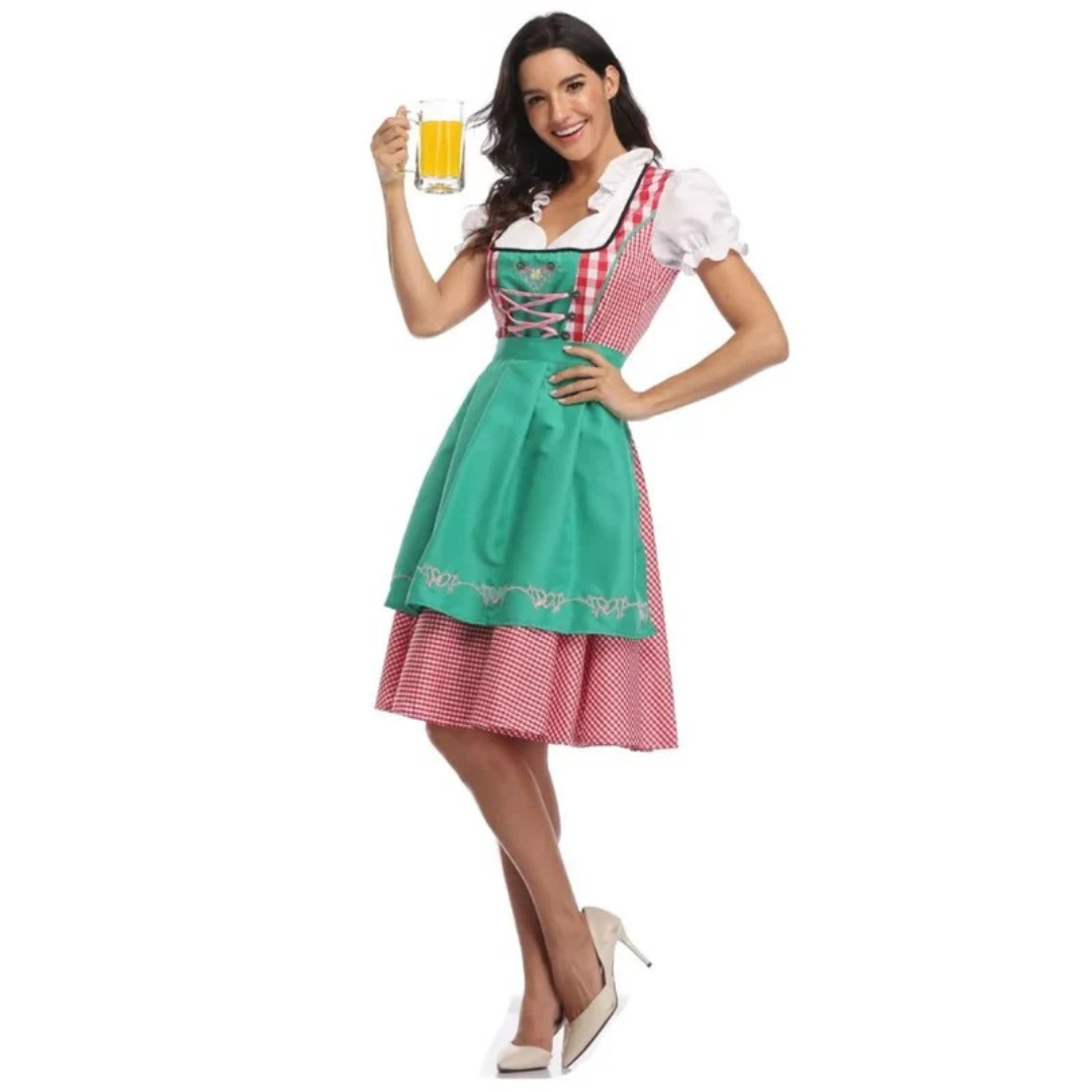 Damska sukienka w kratę ze sznurowanym gorsetem i fartuszkiem, midi na Oktoberfest