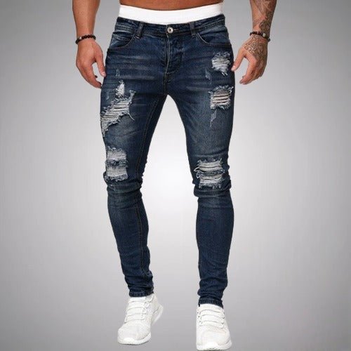 Męskie jeansy slim fit ze stretchem i przetarciami – swobodny denim w stylu used na co dzień