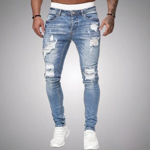 Męskie jeansy slim fit ze stretchem i przetarciami – swobodny denim w stylu used na co dzień