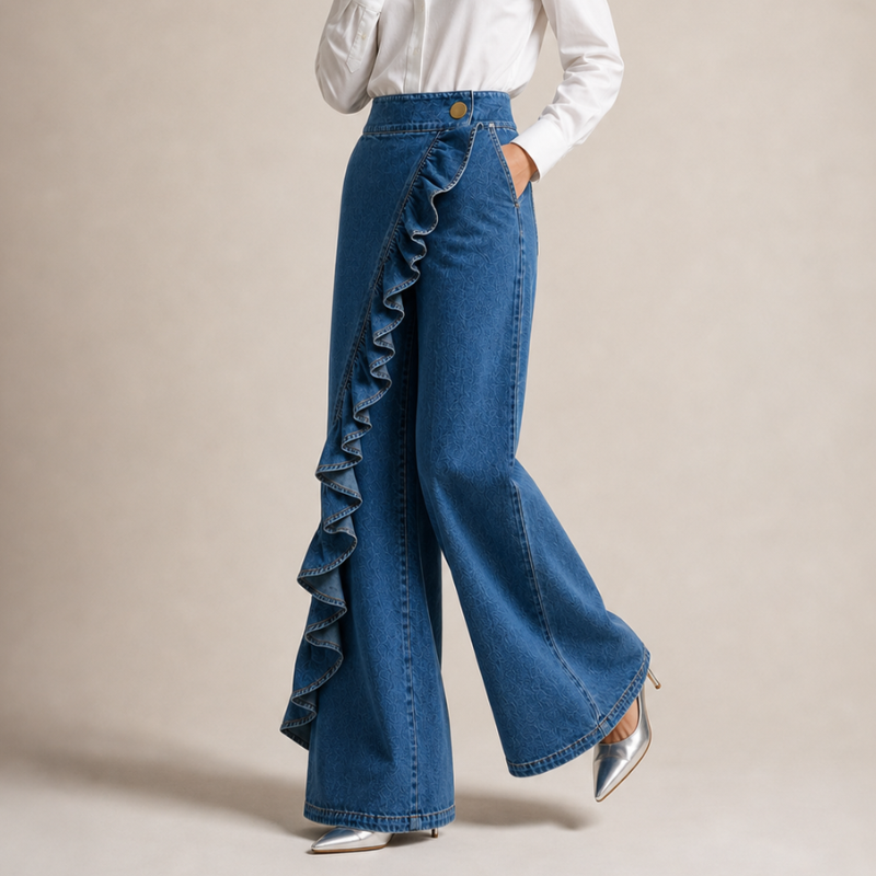 Szerokie damskie jeansy z asymetryczną falbaną w stylu culotte.