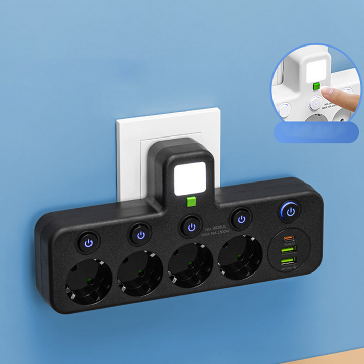 Listwa zasilająca z USB i przełącznikami | Wielogniazdowa z ochroną przeciwprzepięciową 2500 W