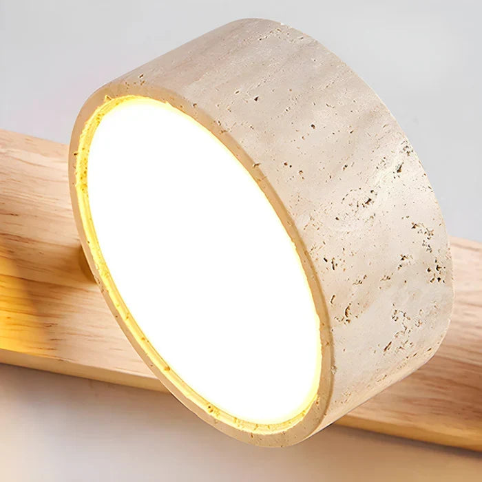 Nowoczesna lampa ścienna LED z obrotowymi kloszami z kamienia i drewnianą podstawą
