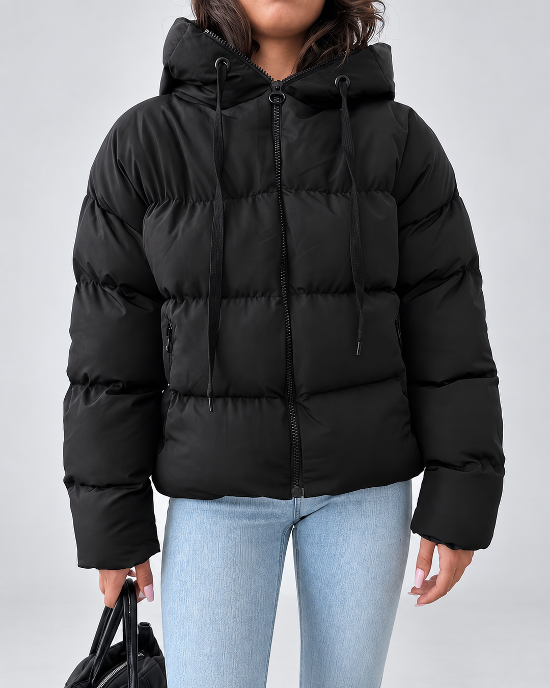 Damska oversize'owa pikowana kurtka puffer z kapturem i zamkiem