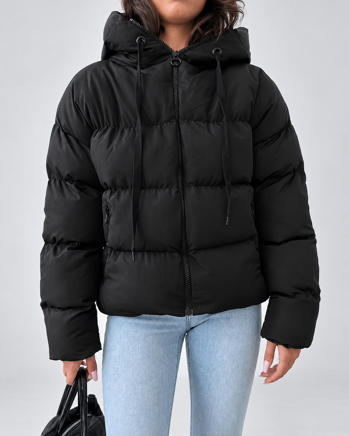 Damska oversize'owa pikowana kurtka puffer z kapturem i zamkiem